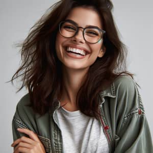 Cheerful Brunette Woman in Casual Attire | Joyful Expression