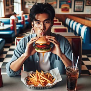 South Asian Male Enjoying Juicy Hamburger at Retro Diner