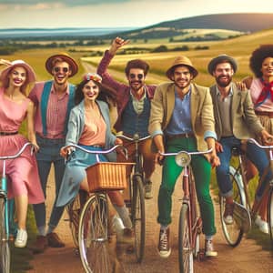 Diverse Group of Friends in Retro Attire Enjoying Vintage Bicycles