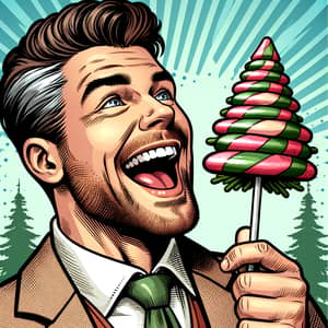 Playful Caucasian Male Enjoying Pine Tree Lollipop in Comic Style