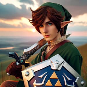 Hylian-like Man with Elegant Sword & Shield on Grass Hillside