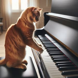 Ginger Cat Playing on Black Grand Piano in Living Room