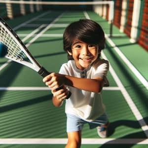 Meet Kai: South Asian Boy Playing Racquetball with Concentration and Joy