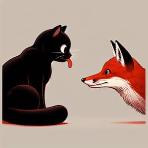 Mischievous Black Cat Sticking Out Tongue Next to Intrigued Red Fox