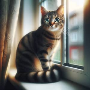 Tabby Cat Sitting on Windowsill | Green Eyes | Domestic Cat