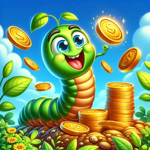 Cheerful Worm Collecting Coins in a Lush Scene