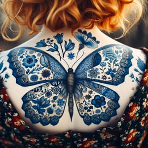 Russian Inspired Butterfly Woman: Intricate Tattoos & Gzhel Wings