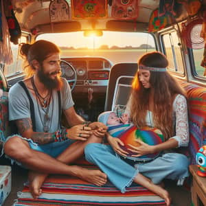 Bohemian Hippie Family Living in Colorful Van | Sunset Field Scene