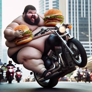 Overweight Man Performing Wheelie on Motorcycle with Hamburger