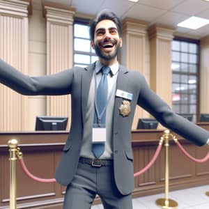 Joyful Middle Eastern Man in Office Suit at Traditional Bank Branch