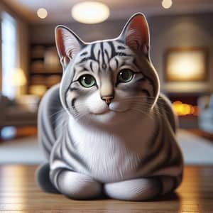 Striped Grey & White Domestic Short-Haired Cat with Green Eyes