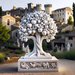 Apple Tree Marble Statue in Medieval City | Charming Artistry