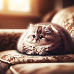 Tiny Fat Cat Resting on Sofa | Tranquil Feline Scene