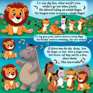 Animated Cartoon: Shy Lion Overcomes Shyness with Friends