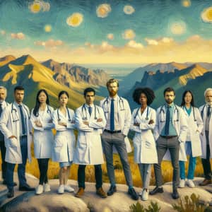 Diverse Group of Doctors on Mountain Peak - Nature-Inspired Image