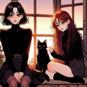 Detailed Manhwa Style Sunset Image of Two Beautiful Girls