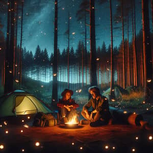 Enchanting Forest Camping Scene under Star-Lit Skies