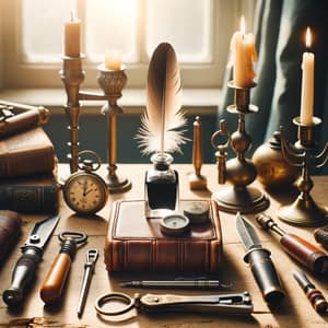 Handcrafted Goods Arranged on Wooden Table with Soft Natural Light