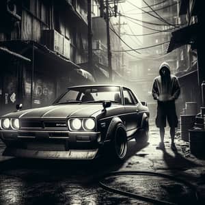 Vintage Nissan Skyline in Distressed Urban Setting | Film Noir Aesthetic