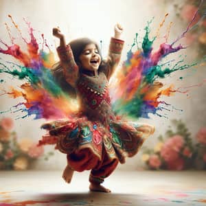 Joyful South Asian Girl Dancing in Colorful Traditional Dress