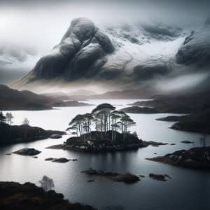 Scottish Landscape: Snowy Mountain, Loch, and Pine Trees