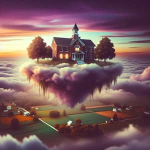 Surreal Village Elementary School Floating in Twilight Sky