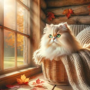 Adorable Cream Persian Cat Watching Autumn Leaves