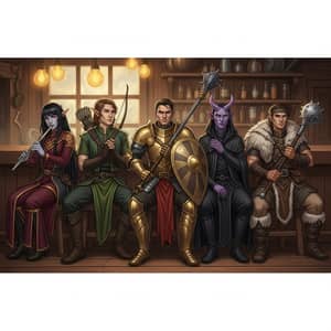 Five Adventurers in a Tavern Scene