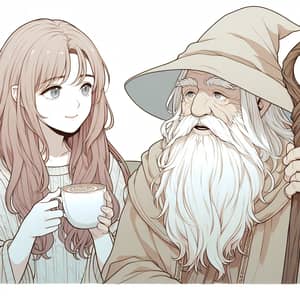 Anime-Style Illustration of Young Woman Sipping Coffee with Gandalf