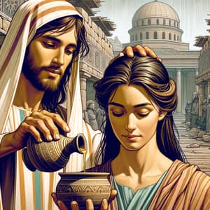 Biblical Illustration: Woman Anoints Jesus in Ancient Israel Setting