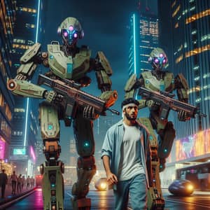 Futuristic Robots Guide Young Man in Neon Cityscape at Twilight