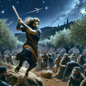 Ancient Scene in Israel Olive Grove | Sword-Wielding Man