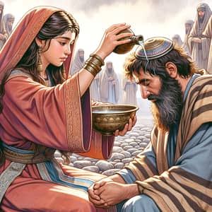 Historical Scene in Ancient Israel: Woman Pouring Oil on Man's Head