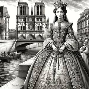Hispanic Young Princess in High Middle Ages Attire overlooking Seine River | Paris
