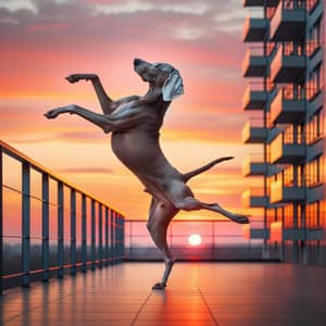 Weimaraner Dancing at Sunset on a Balcony