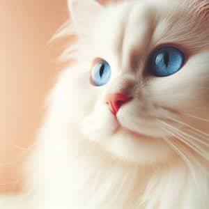 White Cat with Blue Eyes on Light Orange Background