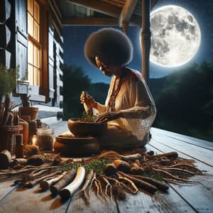 African American Woman Rootworker Herbalist Practice at Night