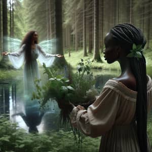 African American Woman in Forest Meets Water Spirit with Sacred Plants