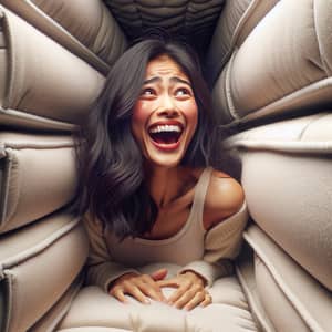 Joyful Escape: Woman Laughing in a Padded Room