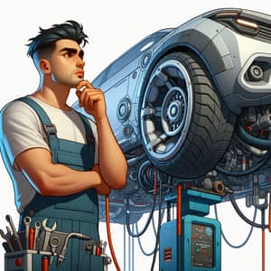 Hispanic Male Mechanic Repairing Futuristic Car | Company Name