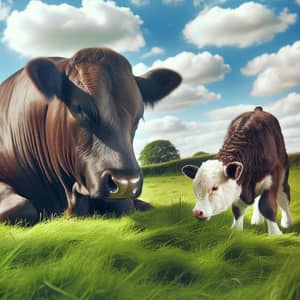 Cow Munching Grass with Playful Calf in Sunlit Field