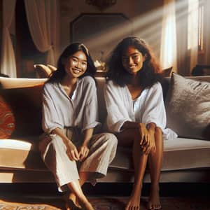 Luxurious Velvet Couch with Two Young Women in Shorts