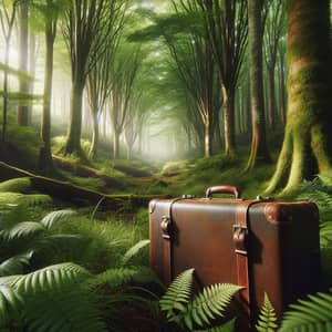 Weathered Brown Leather Suitcase in Lush Forest Setting