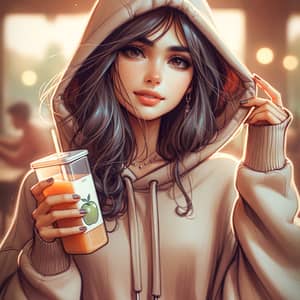 Middle-Eastern Girl in Hoodie Holding Favorite Juice