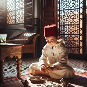 Young Moroccan Boy Crafting Clay Figure on Woven Rug