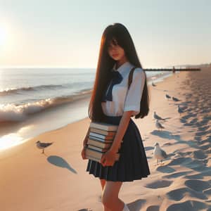 Hispanic Teenager in School Uniform on Sandy Beach