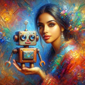 Whimsical Art: Woman with Charming Rusty Robot