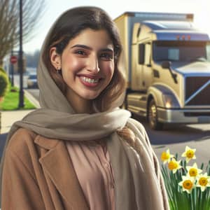 Smiling Middle-Eastern Woman with Truck and Daffodils