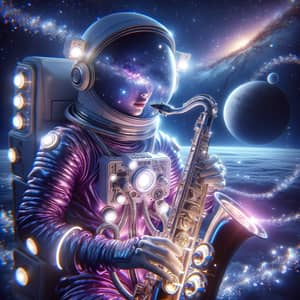 Space Musician: South Asian Astronaut Playing Saxophone in Cosmos