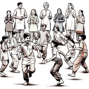 Indian 90's Kids Joyful Outdoor Game Line Art Illustration